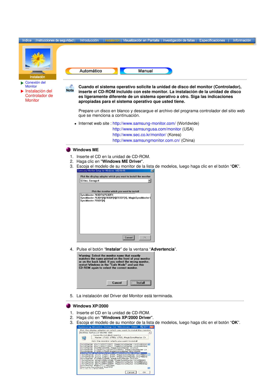 Samsung 171P, 151P manual Instalación del Controlador de Monitor, Haga clic en Windows ME Driver, Windows XP/2000 