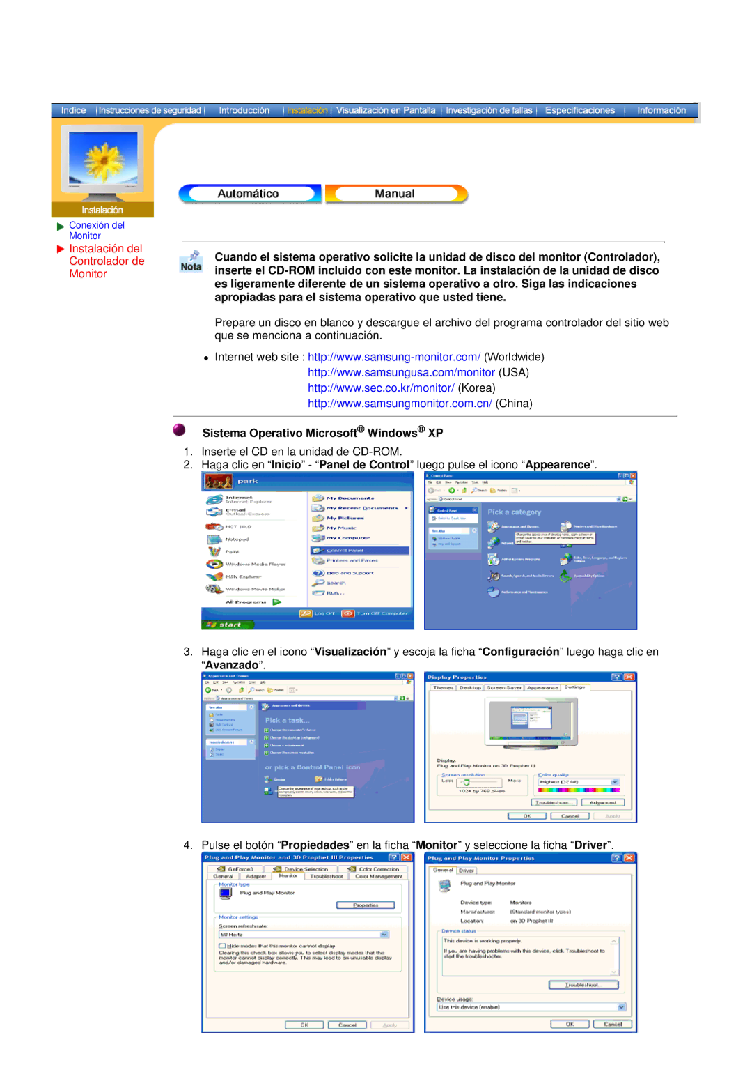 Samsung 171P, 151P manual Sistema Operativo Microsoft Windows XP 