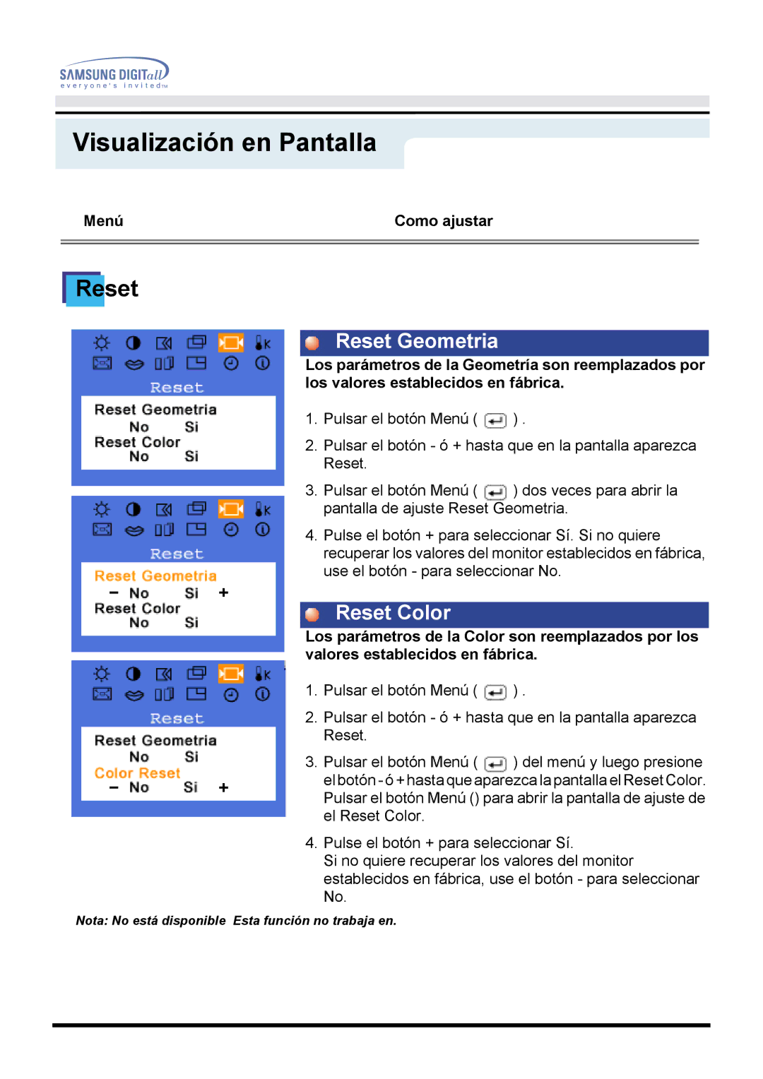 Samsung 171P, 151P manual Reset Geometria, Reset Color 