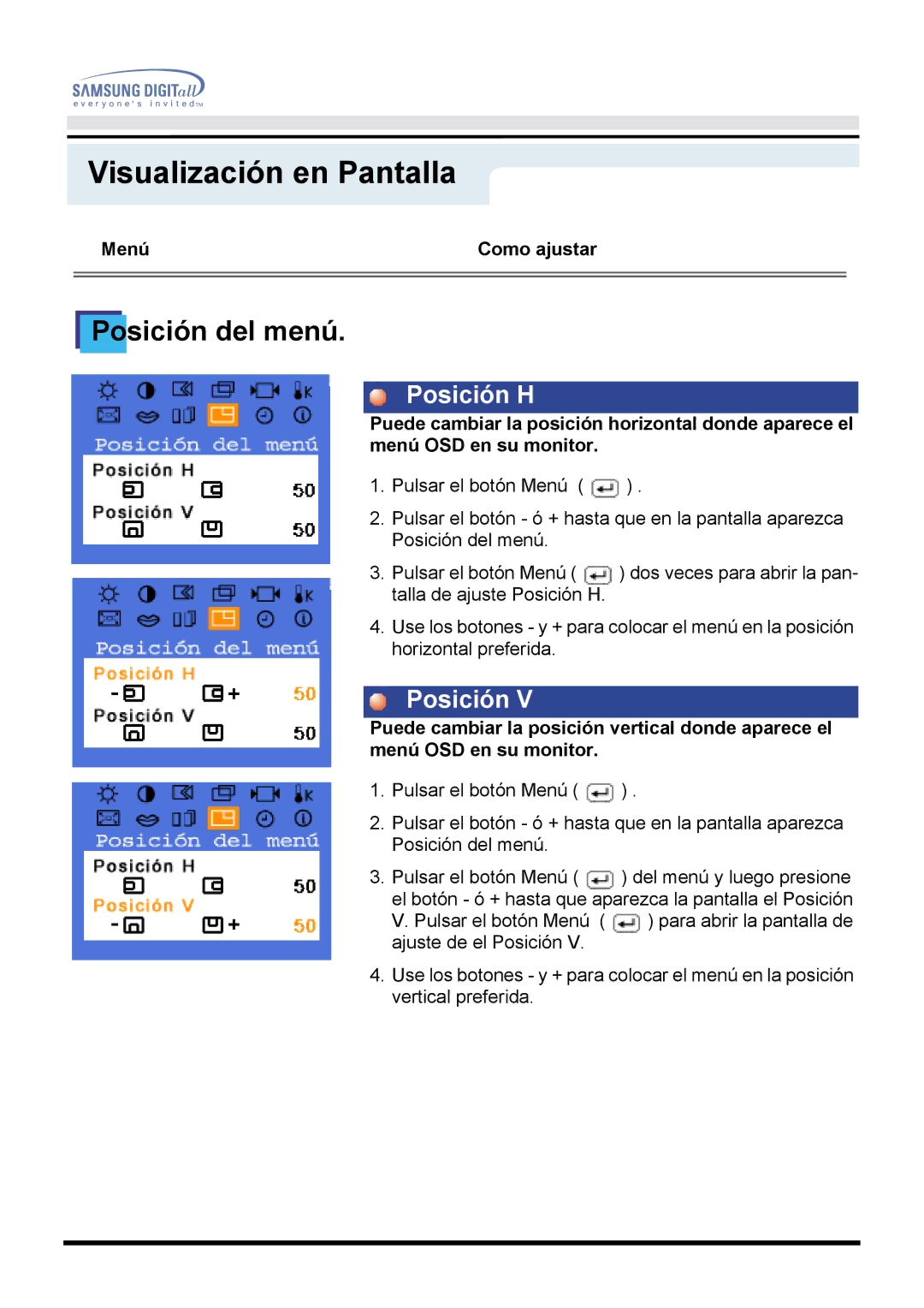 Samsung 171P, 151P manual Posición del menú 