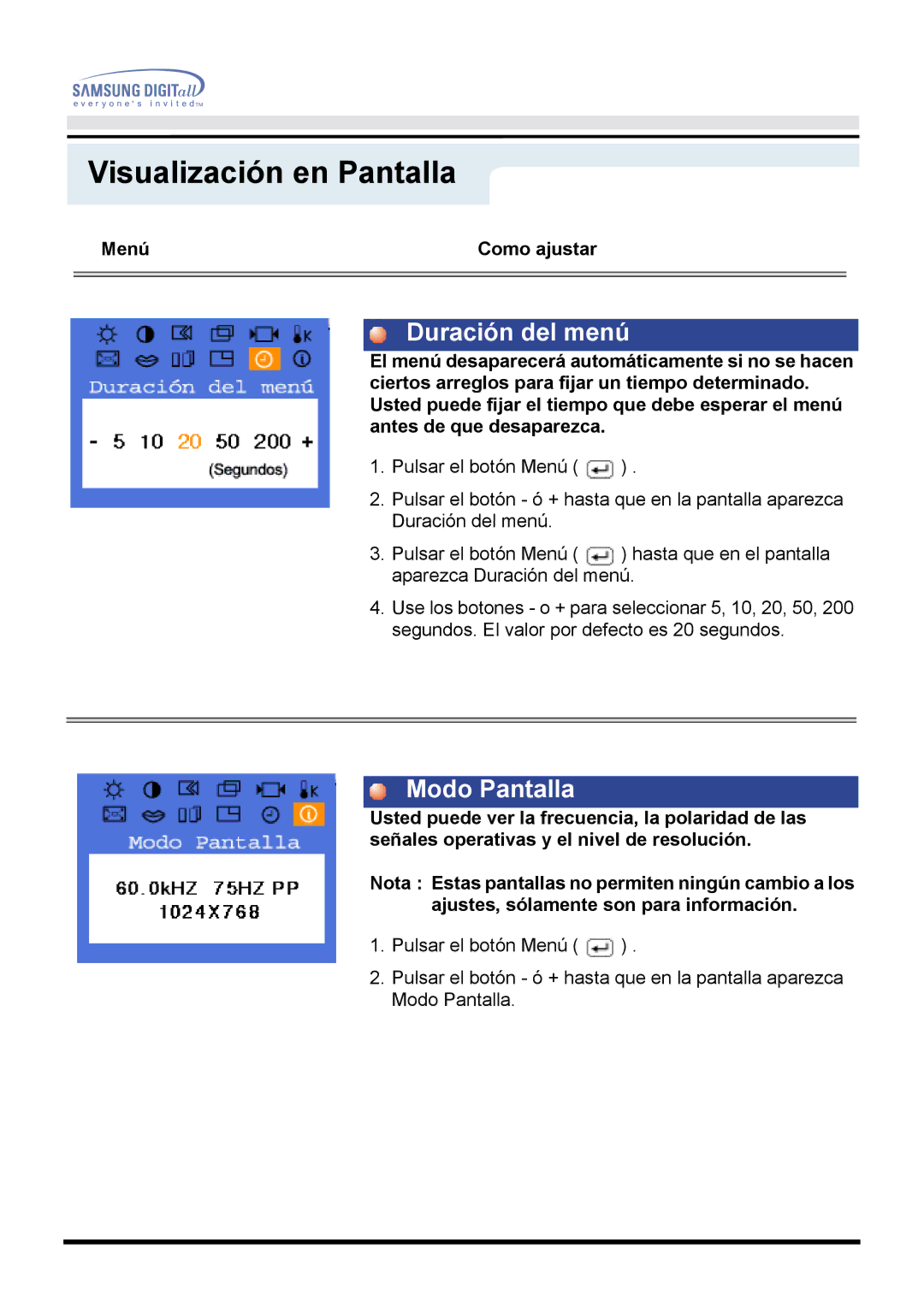 Samsung 151P, 171P manual Duración del menú, Modo Pantalla 