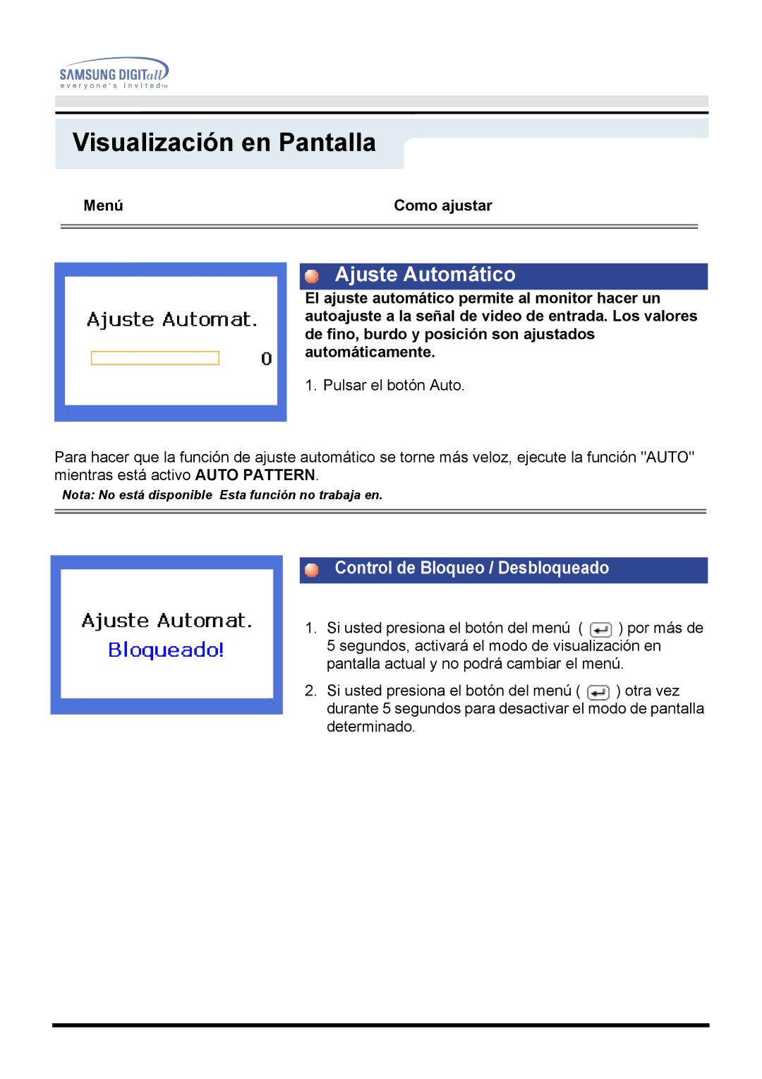 Samsung 171P, 151P manual Ajuste Automático, Control de Bloqueo / Desbloqueado 