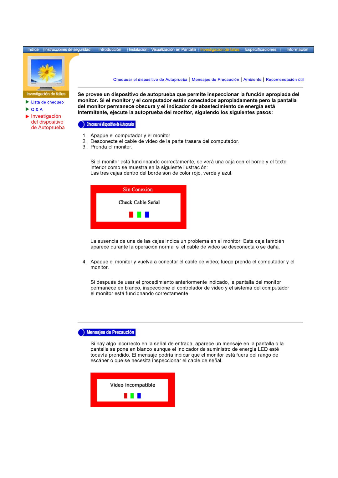 Samsung 151P, 171P manual Investigación del dispositivo de Autoprueba 