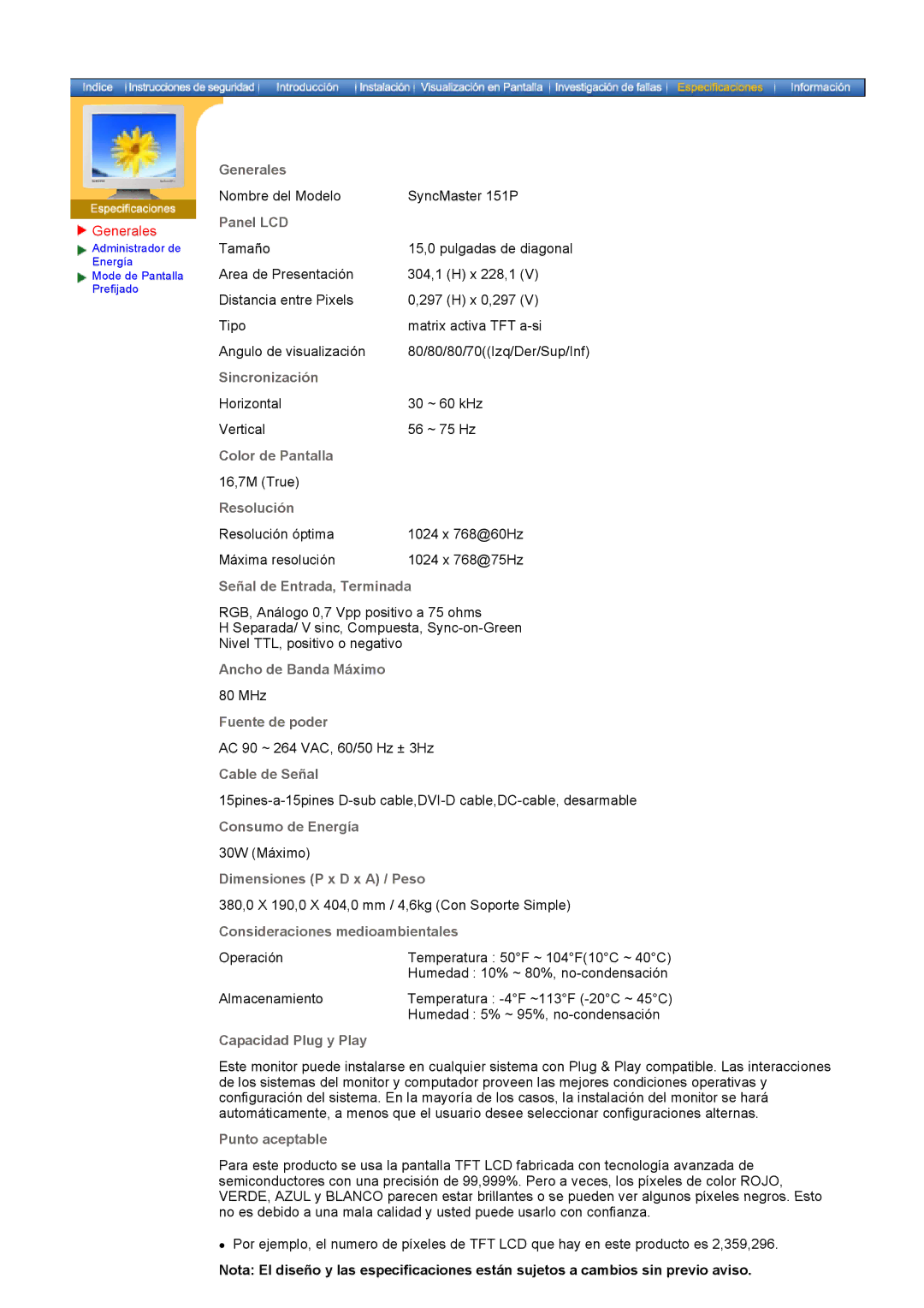 Samsung 151P, 171P manual Generales, Panel LCD 