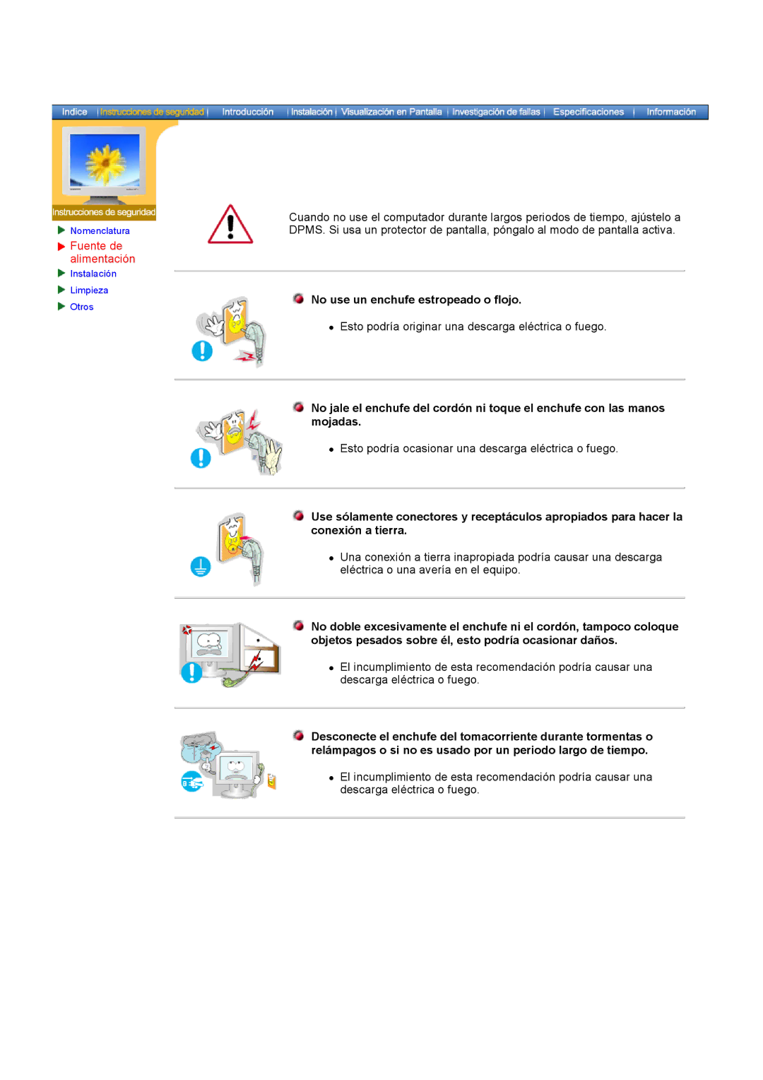 Samsung 151P, 171P manual Fuente de alimentación, No use un enchufe estropeado o flojo 