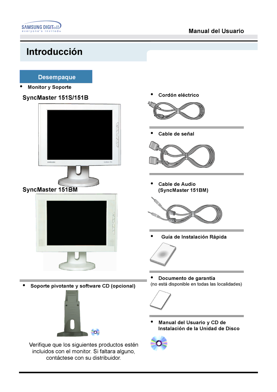 Samsung 151S, 151BM manual Introducción, Monitor y Soporte, Documento de garantía 