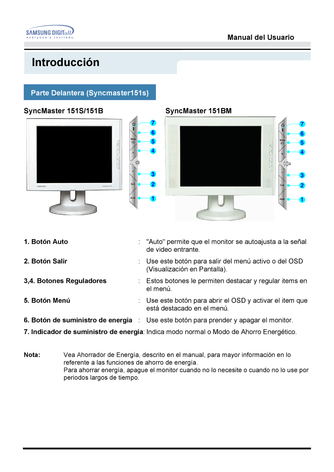 Samsung 151S, 151BM manual Botón Auto, Botón Salir, Botones Reguladores, Botón Menú 