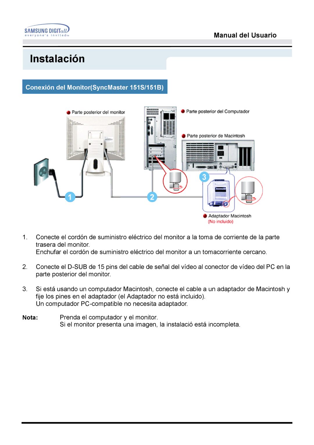 Samsung 151BM manual Instalación, Conexión del MonitorSyncMaster 151S/151B 