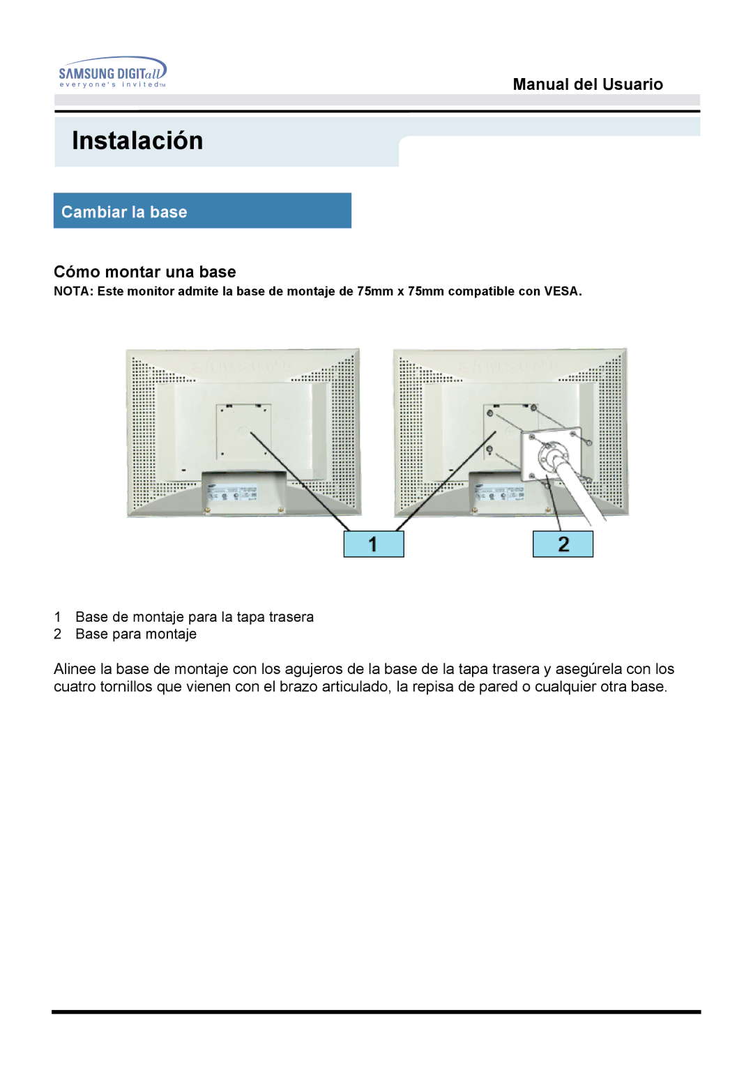 Samsung 151S, 151BM manual Cómo montar una base 