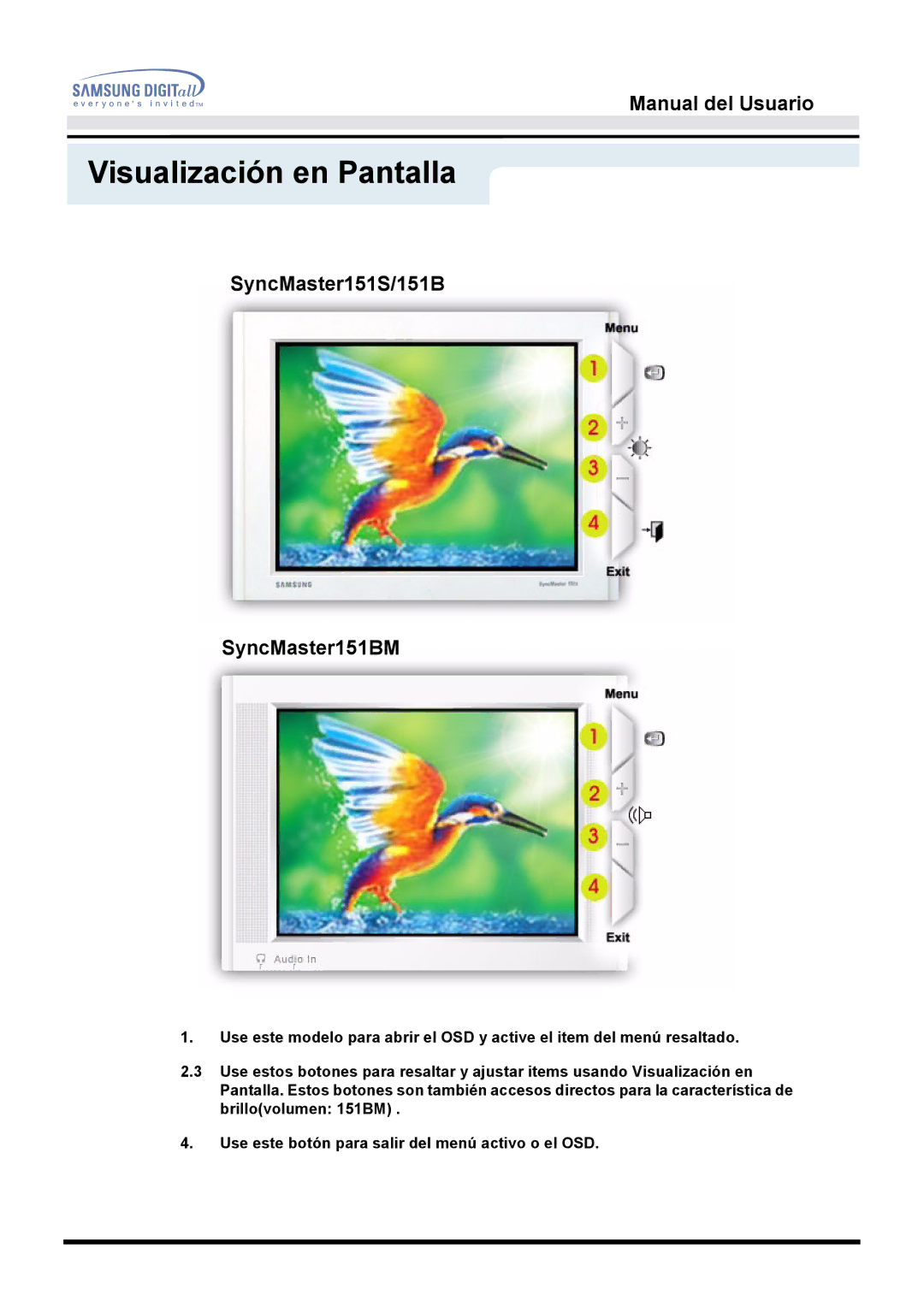 Samsung manual Visualización en Pantalla, SyncMaster151S/151B SyncMaster151BM 