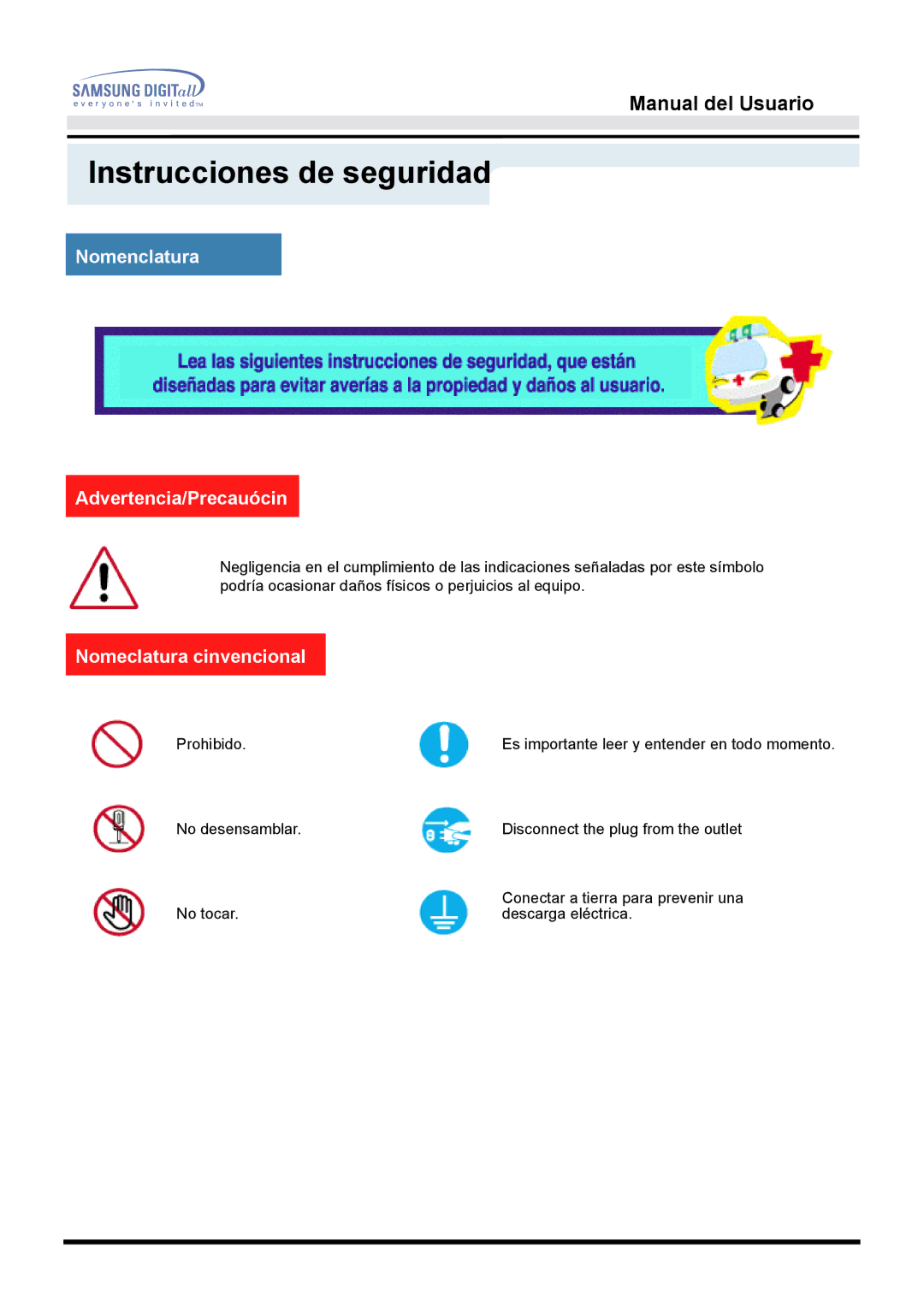 Samsung 151S, 151BM manual Instrucciones de seguridad, Nomenclatura Advertencia/Precauócin, Nomeclatura cinvencional 