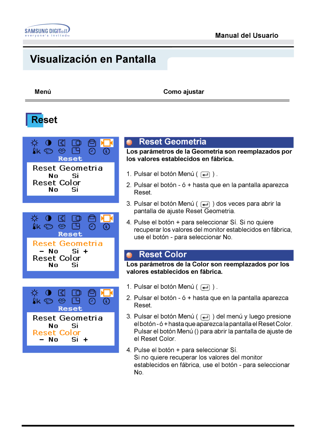 Samsung 151S, 151BM manual Reset Geometria, Reset Color 