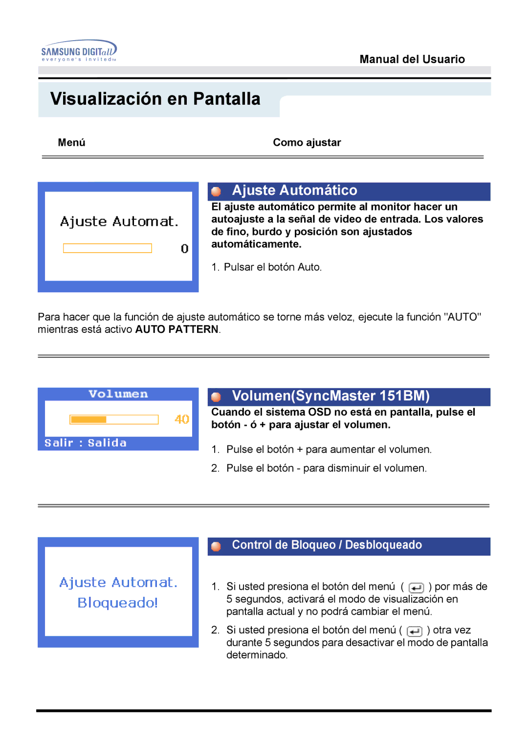 Samsung 151S manual Ajuste Automático, VolumenSyncMaster 151BM 