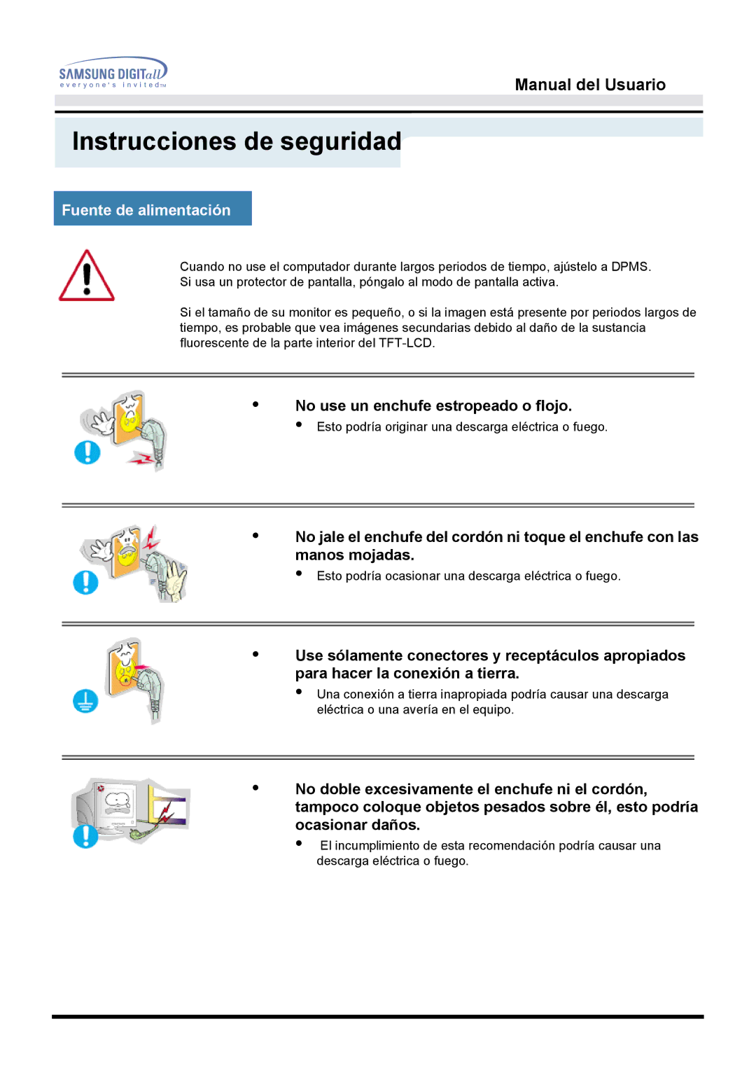 Samsung 151S, 151BM manual Fuente de alimentación, No use un enchufe estropeado o flojo 