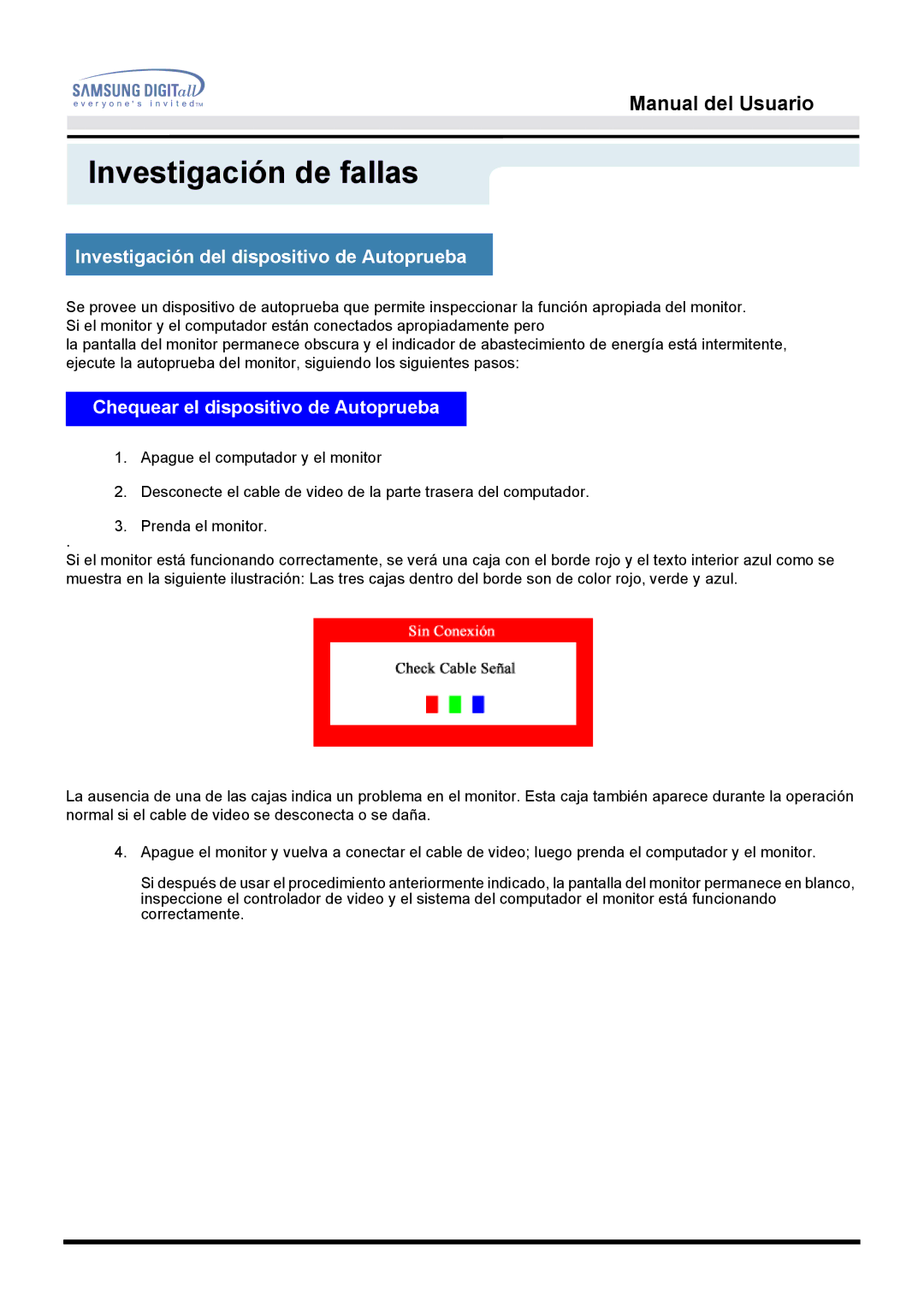 Samsung 151BM, 151S manual Investigación del dispositivo de Autoprueba, Chequear el dispositivo de Autoprueba 