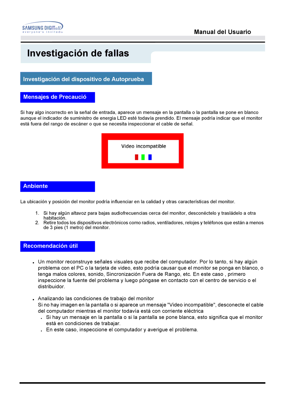 Samsung 151S, 151BM manual Anbiente, Recomendación útil 