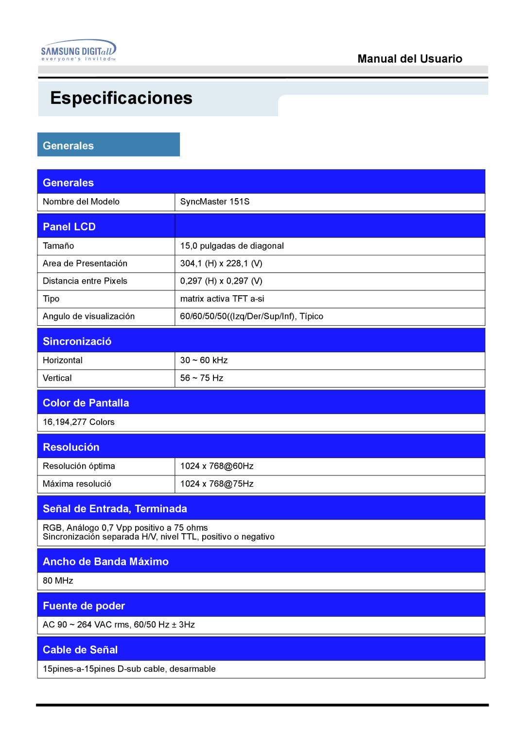 Samsung 151S, 151BM manual Especificaciones 