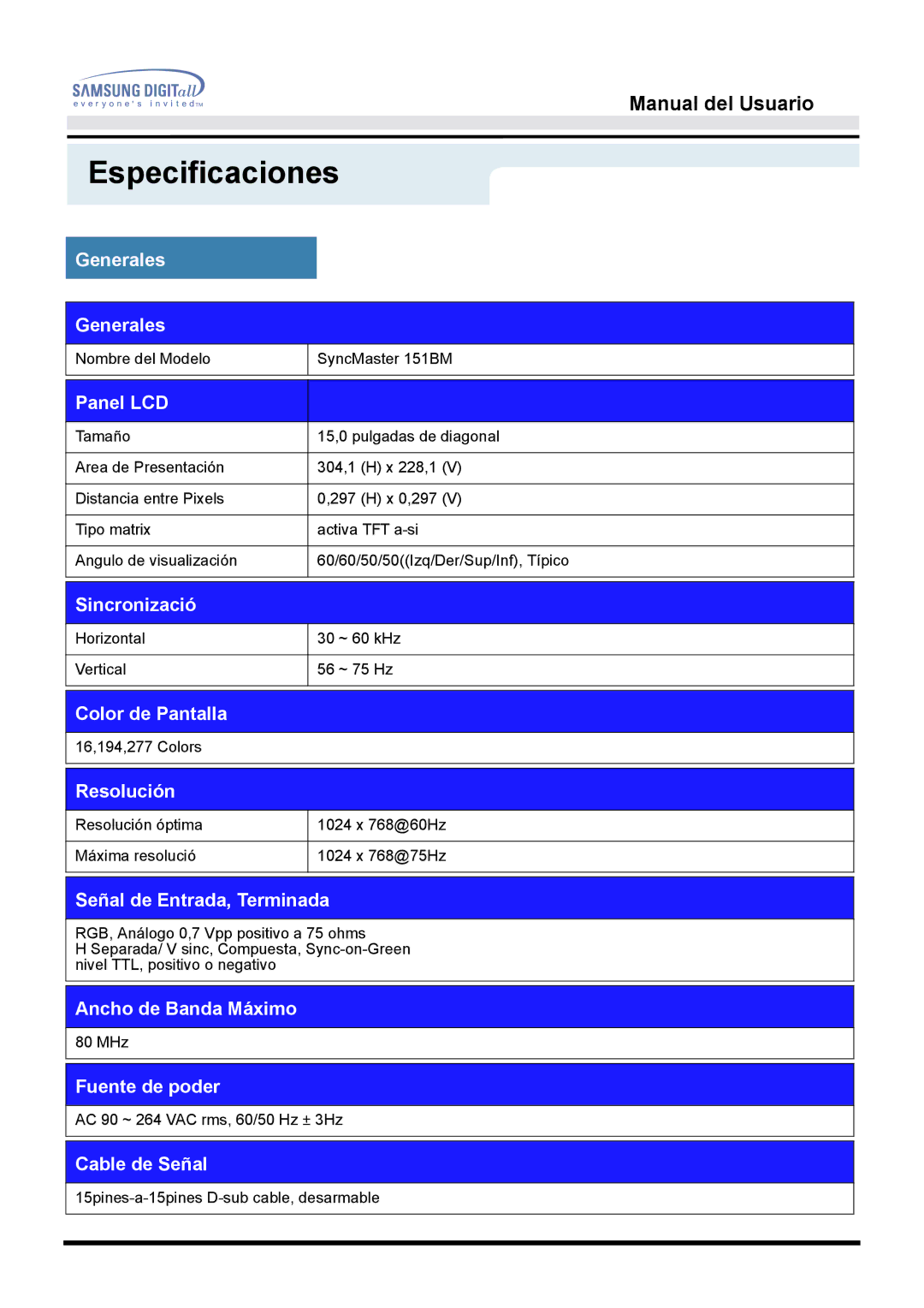 Samsung 151S manual Nombre del Modelo SyncMaster 151BM 