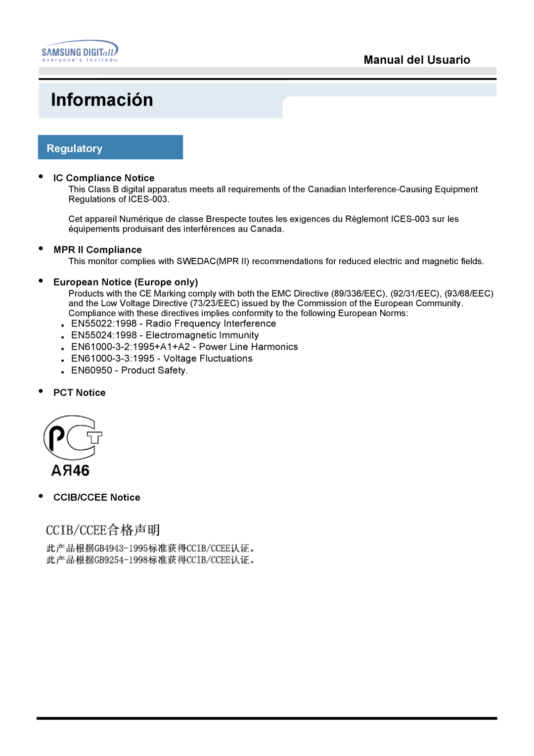 Samsung 151S, 151BM IC Compliance Notice, MPR II Compliance, European Notice Europe only, PCT Notice CCIB/CCEE Notice 