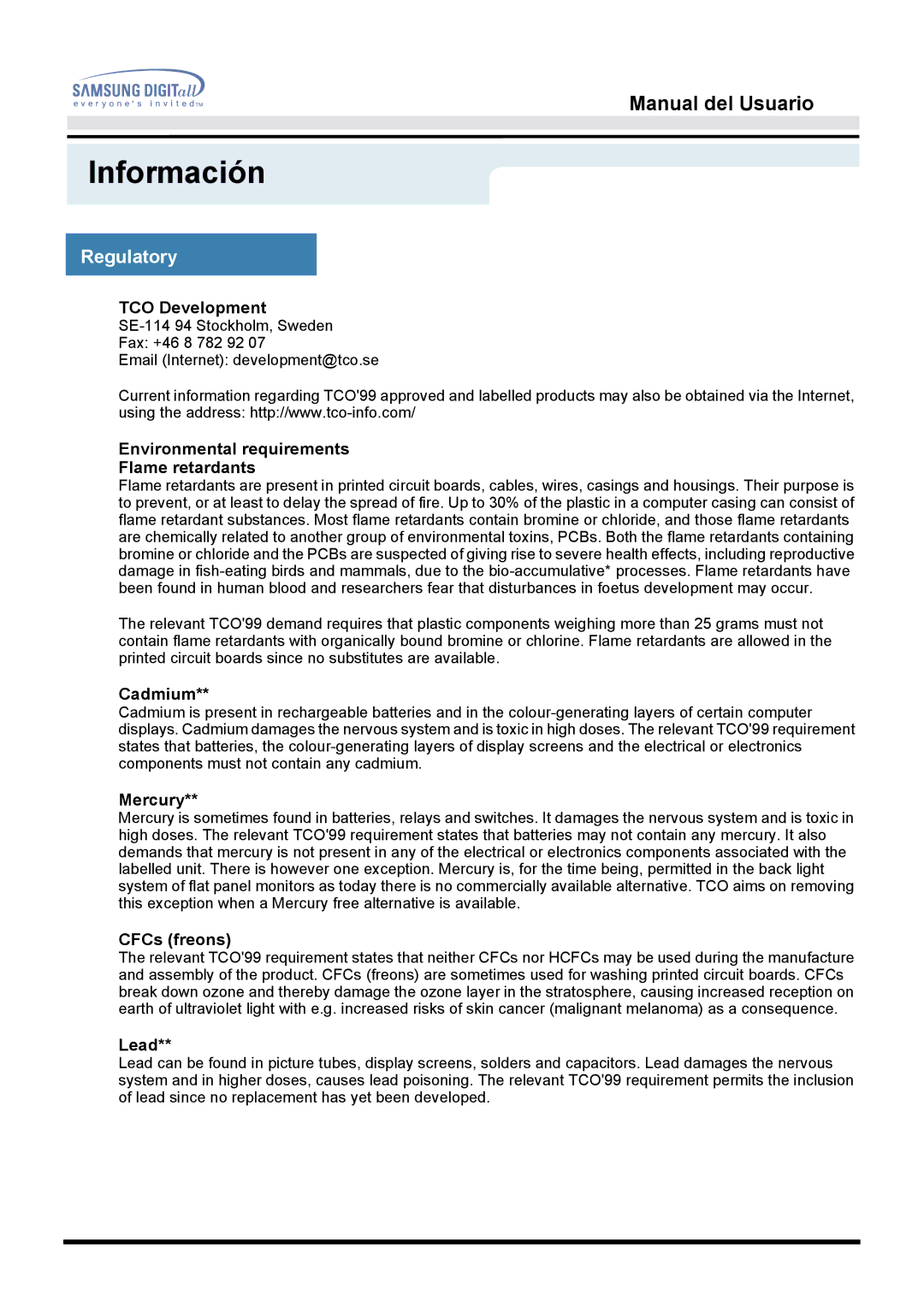 Samsung 151BM, 151S manual TCO Development, Environmental requirements Flame retardants 