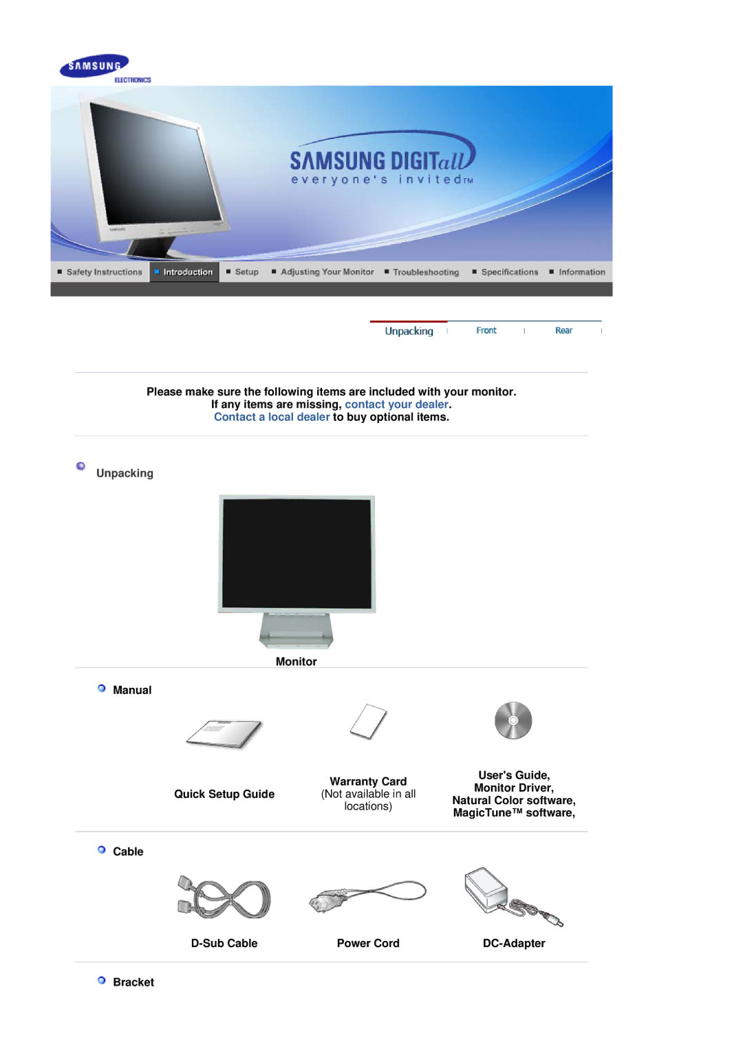 Samsung 151X manual Unpacking, Natural Color software, Cable Sub Cable Power Cord DC-Adapter Bracket 