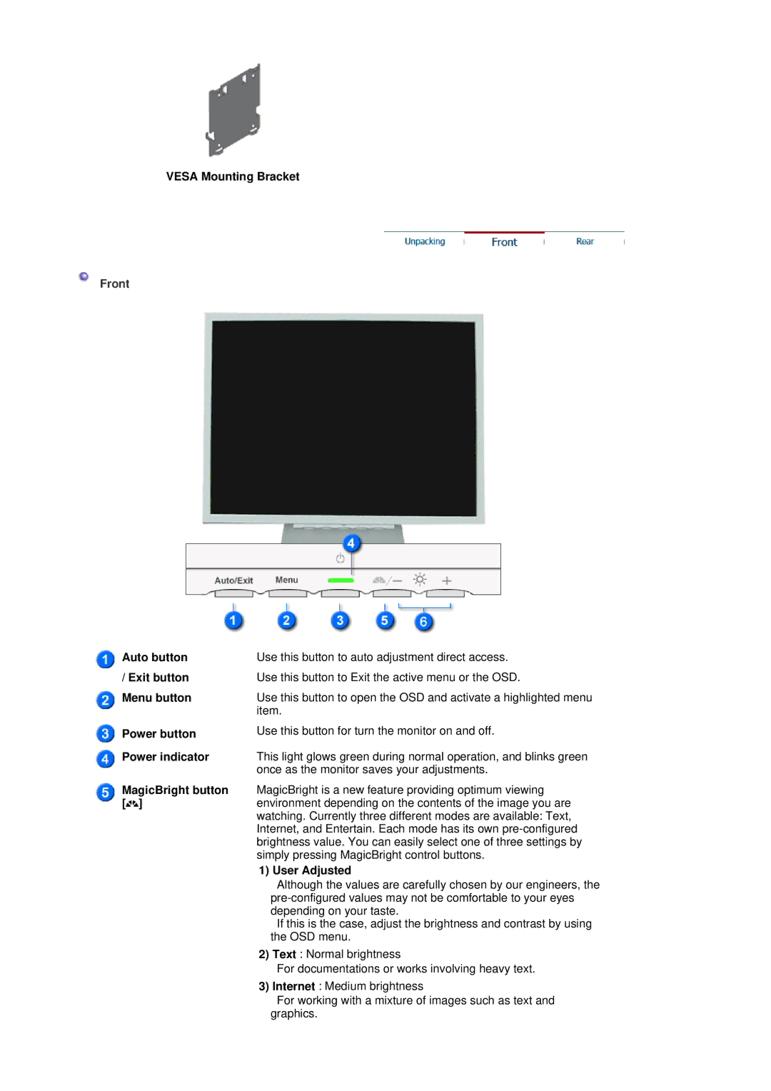 Samsung 151X manual Vesa Mounting Bracket, Front, User Adjusted 