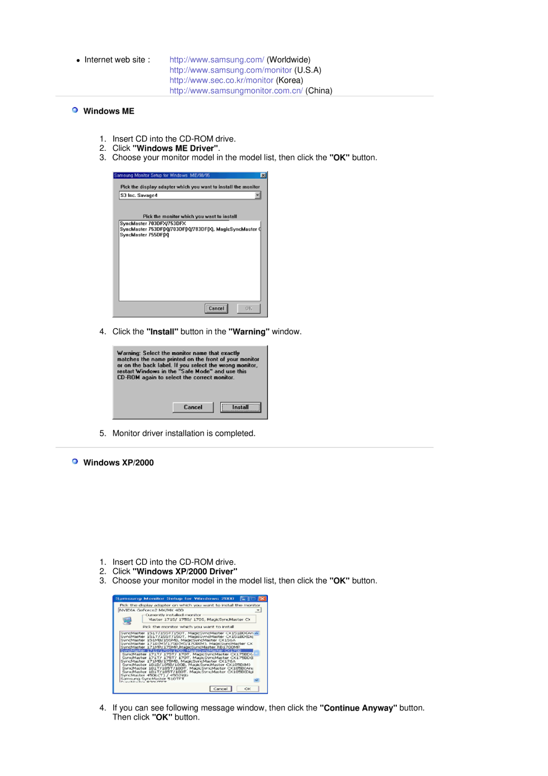 Samsung 151X manual Click Windows ME Driver, Click Windows XP/2000 Driver 