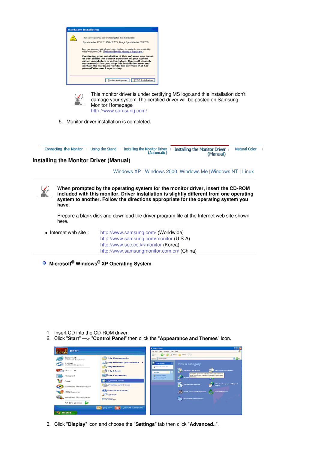 Samsung 151X manual Installing the Monitor Driver Manual, Microsoft Windows XP Operating System 