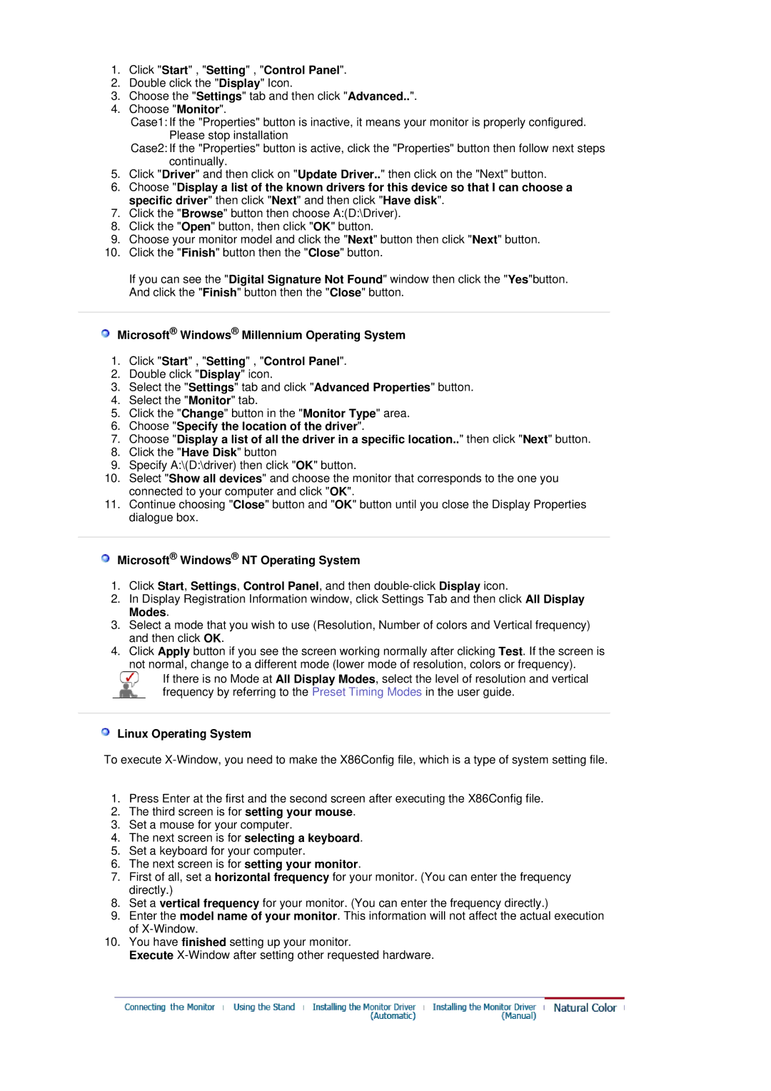 Samsung 151X manual Click Start , Setting , Control Panel, Microsoft Windows NT Operating System, Linux Operating System 