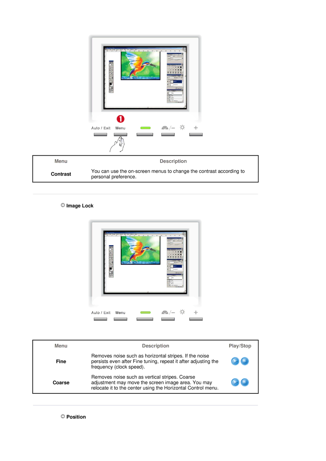 Samsung 151X manual Contrast, Image Lock, Menu Description Play/Stop, Position 