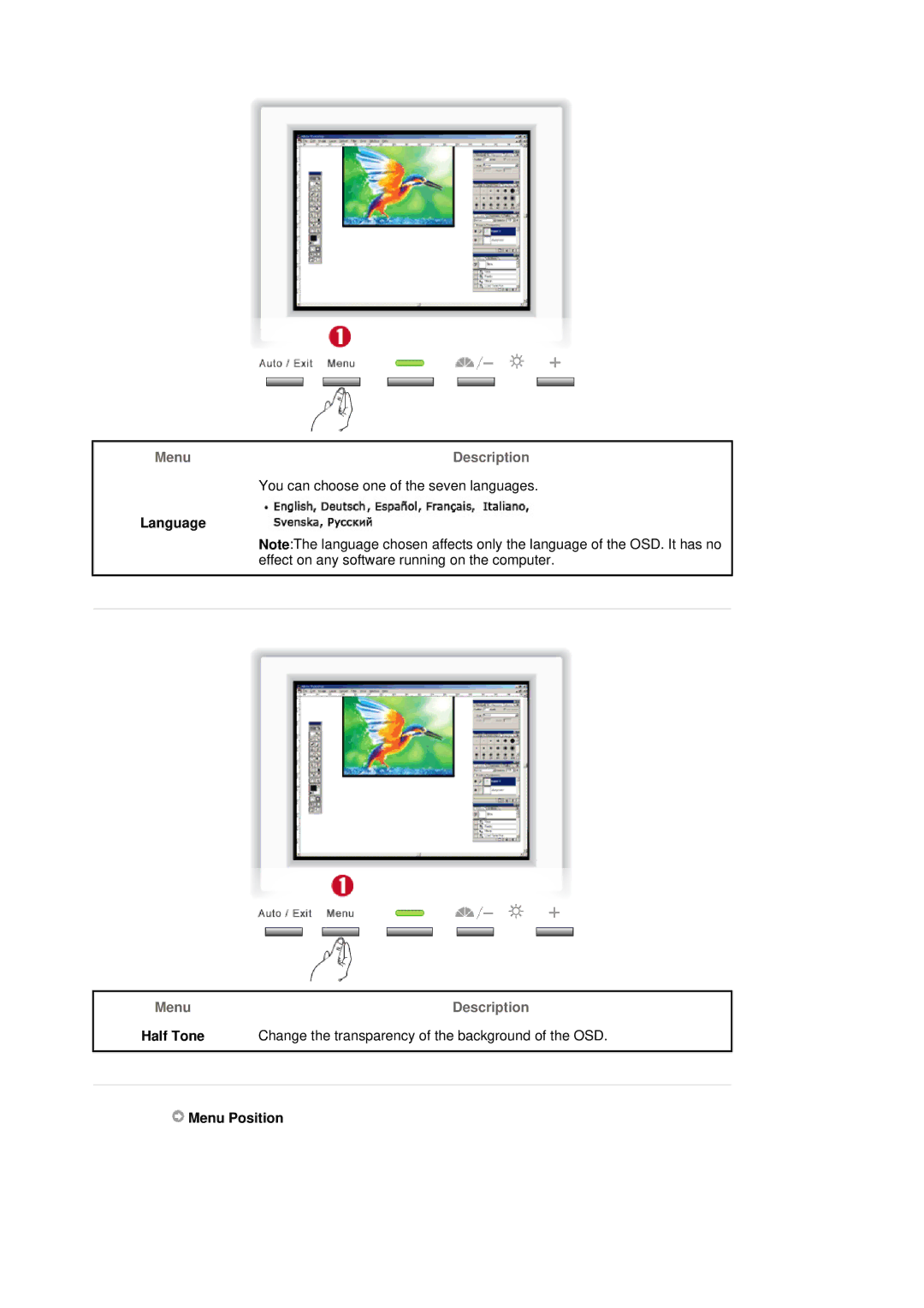 Samsung 151X manual Language, Menu Description Half Tone, Menu Position 