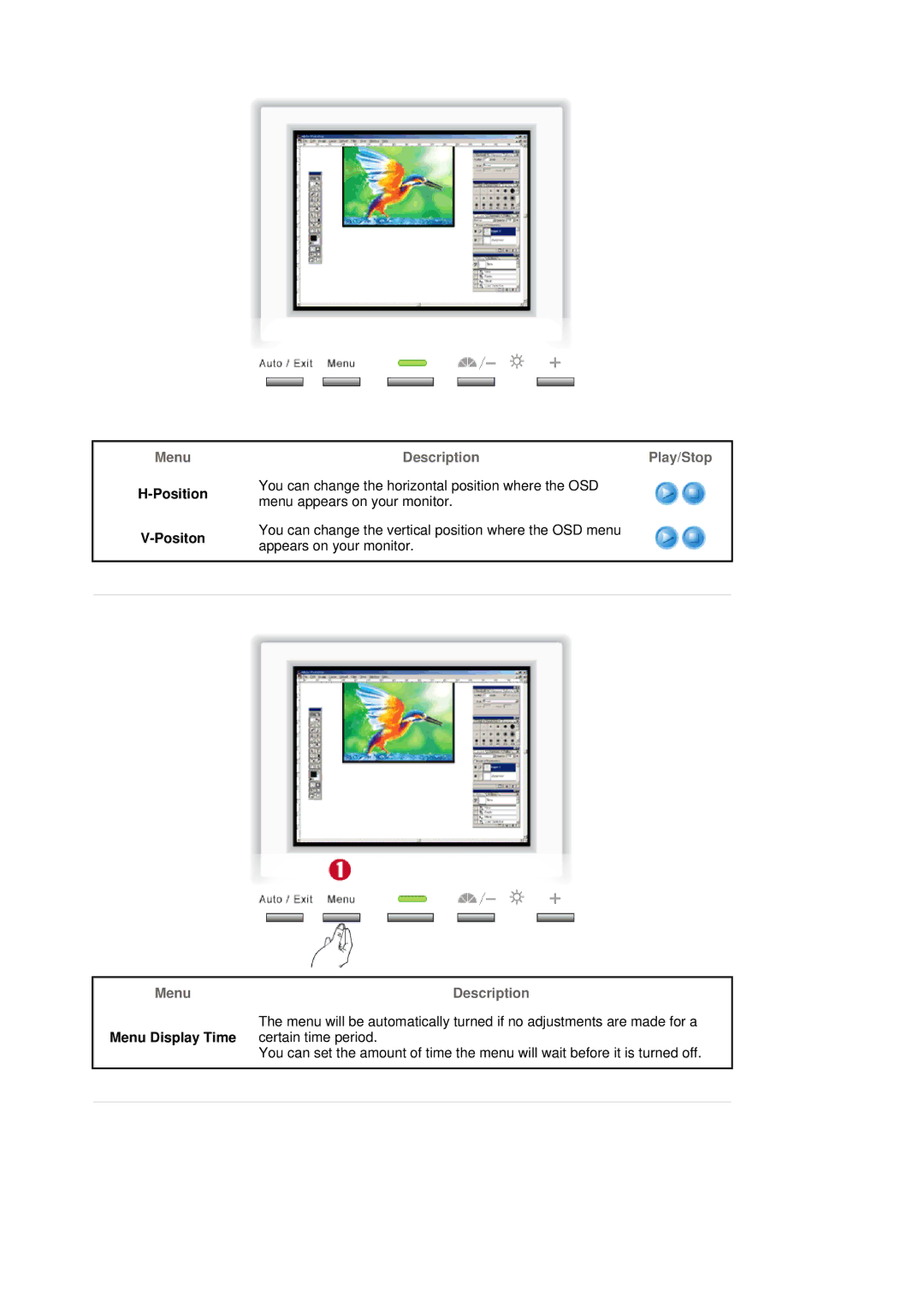 Samsung 151X manual Position Positon, Menu Display Time 