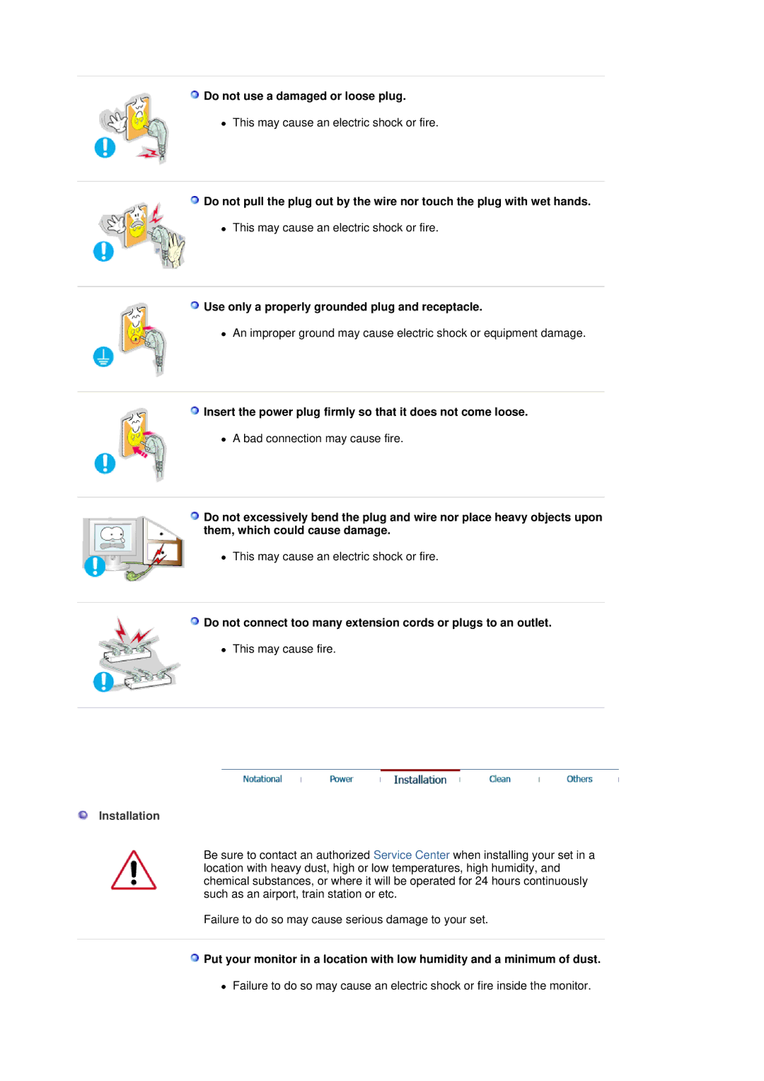 Samsung 151X manual Do not use a damaged or loose plug, Use only a properly grounded plug and receptacle, Installation 