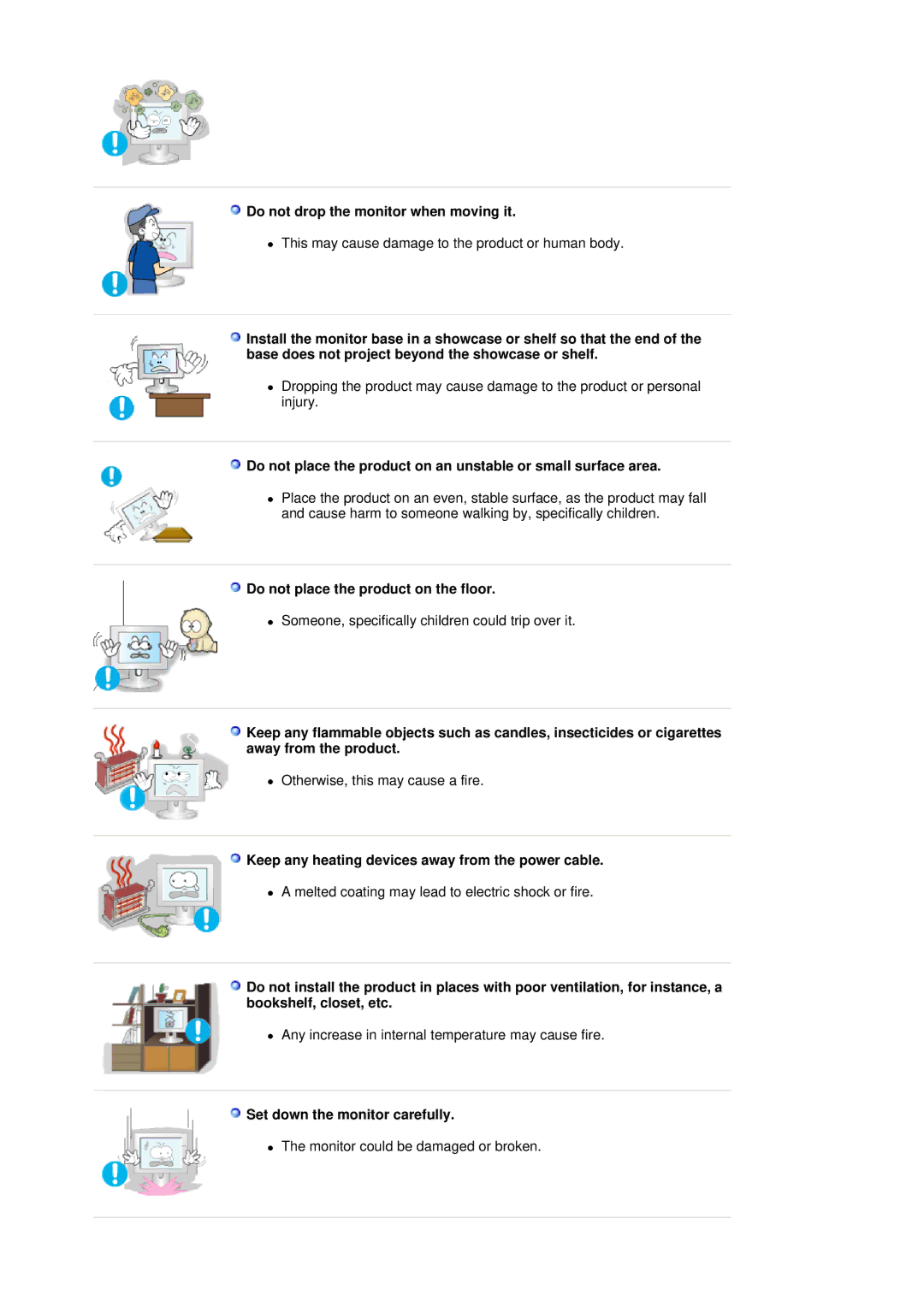 Samsung 151X Do not drop the monitor when moving it, Do not place the product on the floor, Set down the monitor carefully 