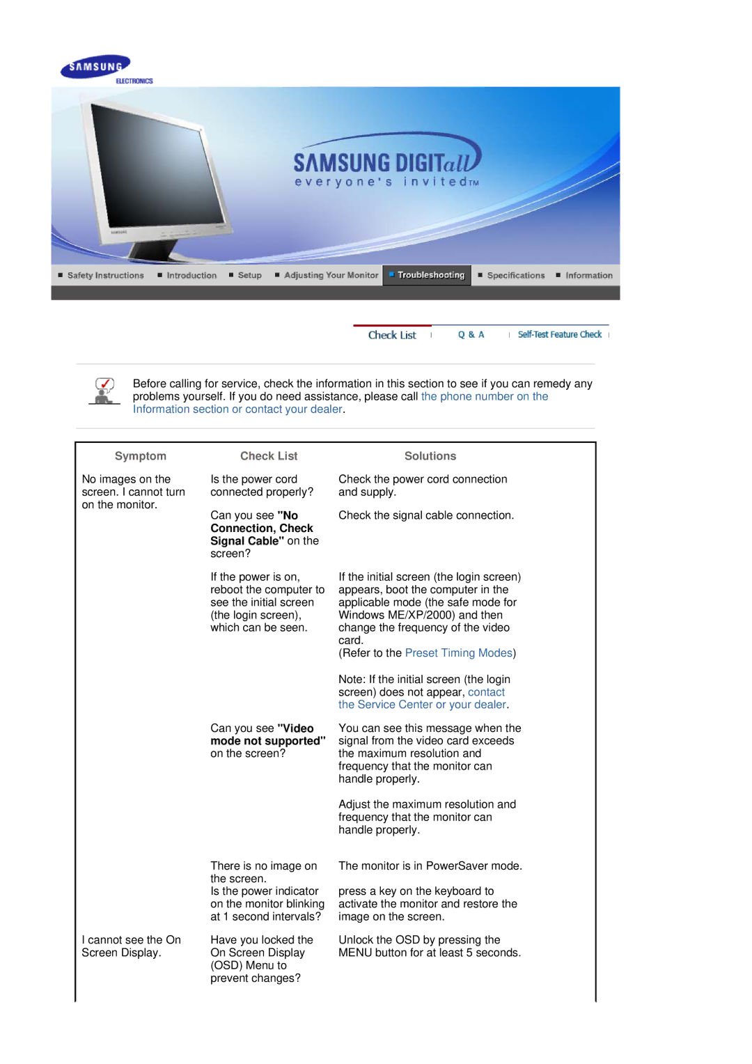 Samsung 151X manual Symptom, Check List Solutions, Connection, Check Signal Cable on 