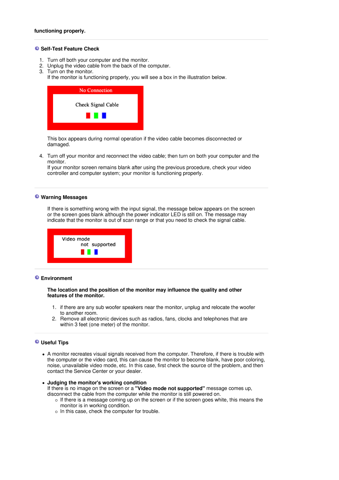 Samsung 151X manual Functioning properly Self-Test Feature Check, Useful Tips, Judging the monitors working condition 