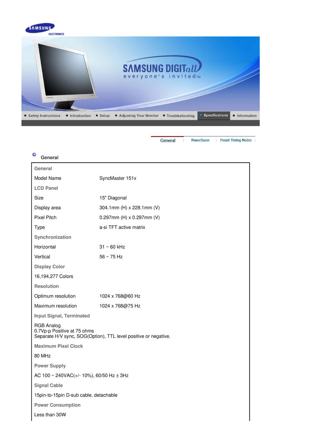 Samsung 151X General, LCD Panel, Synchronization, Display Color, Resolution, Input Signal, Terminated, Maximum Pixel Clock 