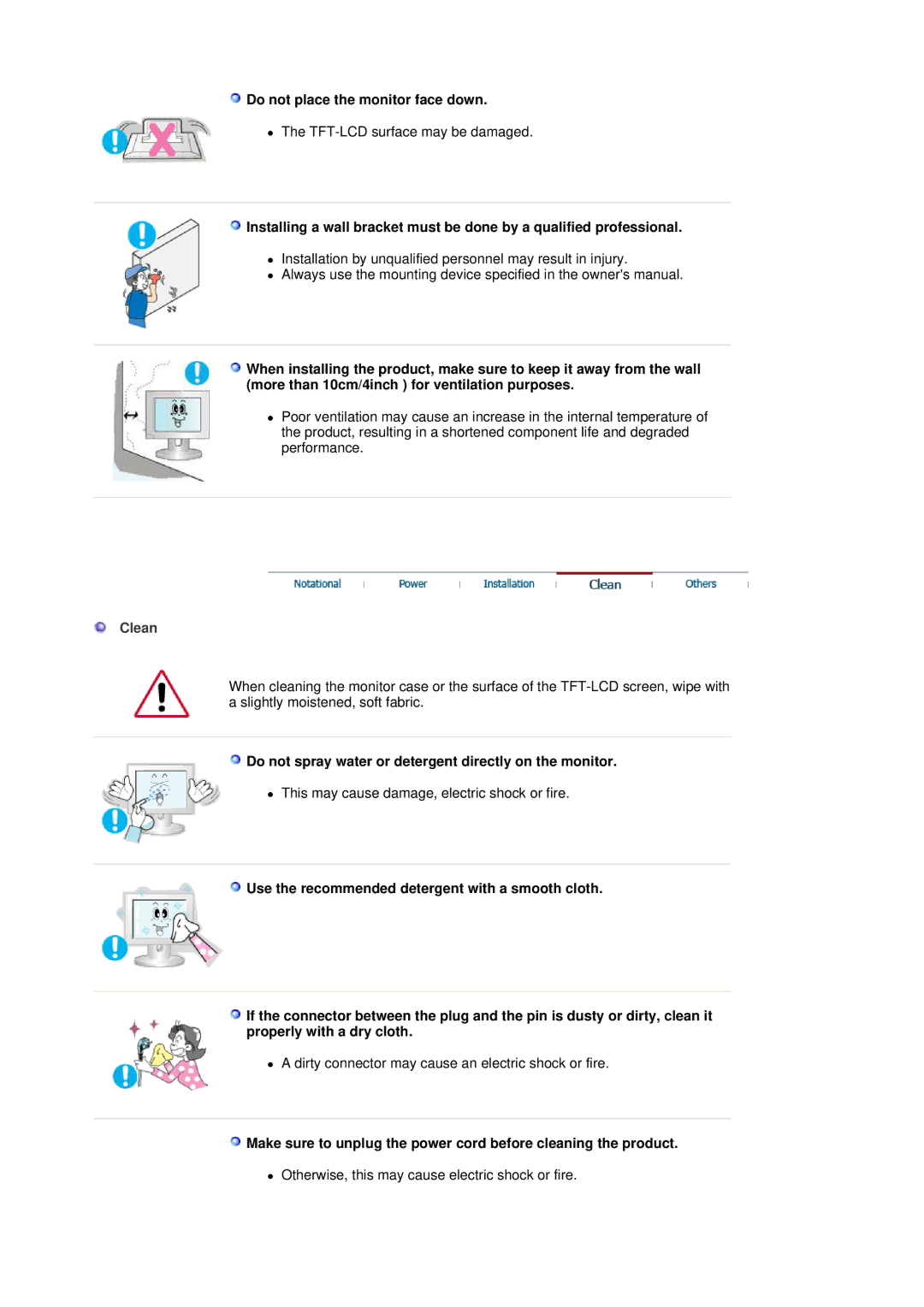 Samsung 151X manual Do not place the monitor face down, Clean, Do not spray water or detergent directly on the monitor 