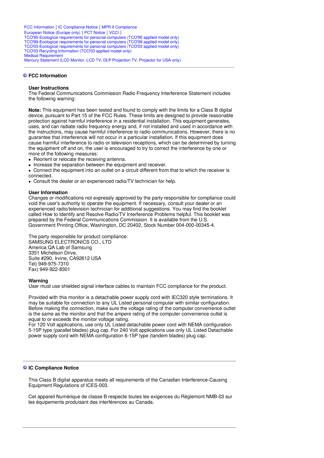 Samsung 151X manual FCC Information User Instructions, User Information, IC Compliance Notice 