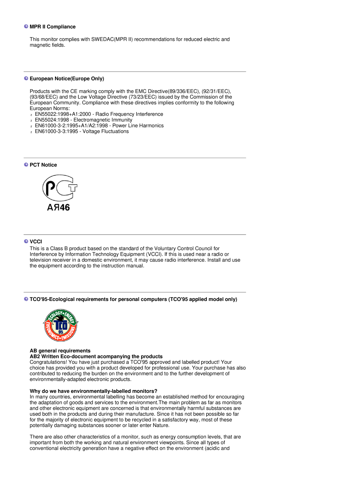 Samsung 151X MPR II Compliance, European NoticeEurope Only, PCT Notice, Why do we have environmentally-labelled monitors? 