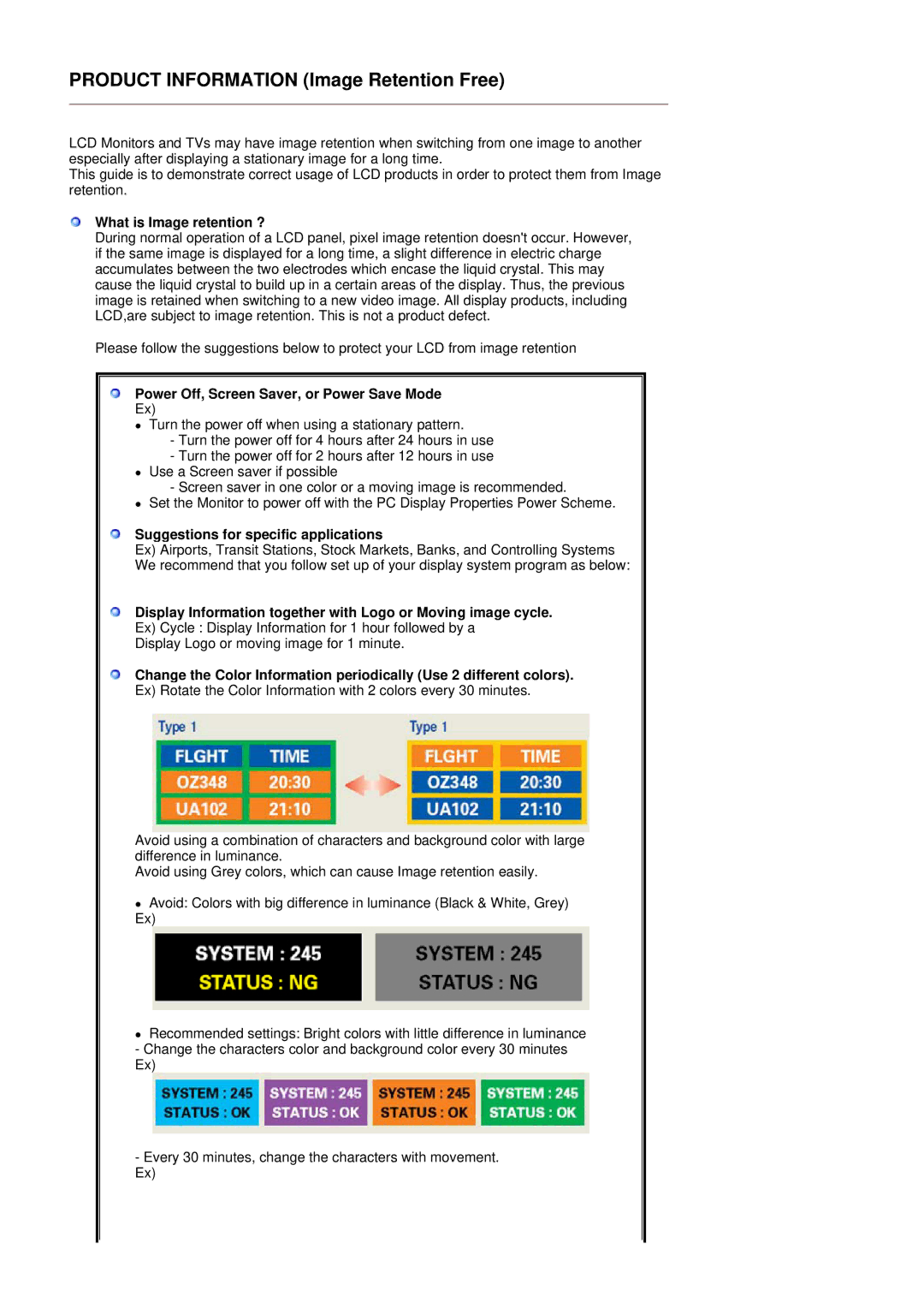 Samsung 151X What is Image retention ?, Power Off, Screen Saver, or Power Save Mode, Suggestions for specific applications 