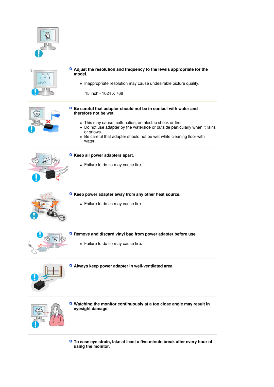 Samsung 151X manual Keep all power adapters apart, Keep power adapter away from any other heat source 