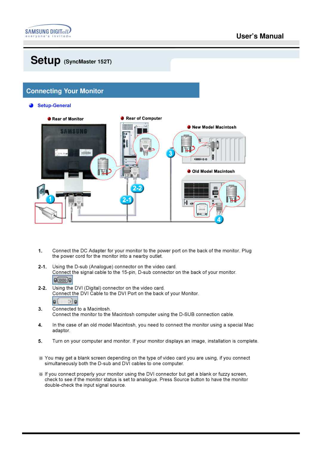 Samsung 152B, 152S manual Setup SyncMaster 152T 