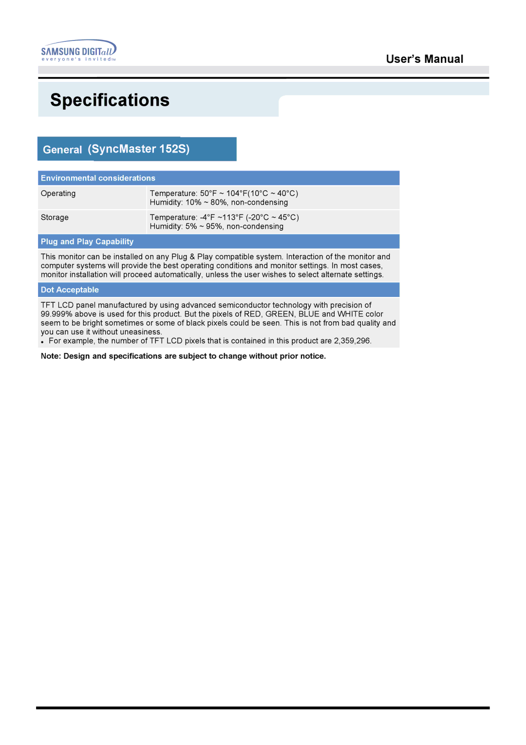 Samsung 152S, 152B manual Specifications 