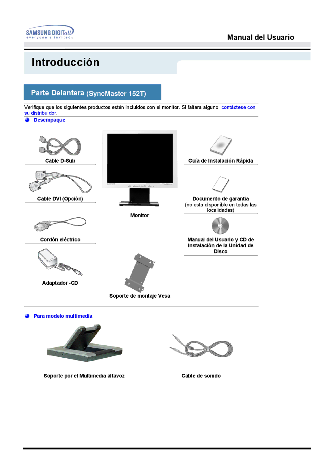 Samsung 152B, 152S manual Parte Delantera SyncMaster 152T 