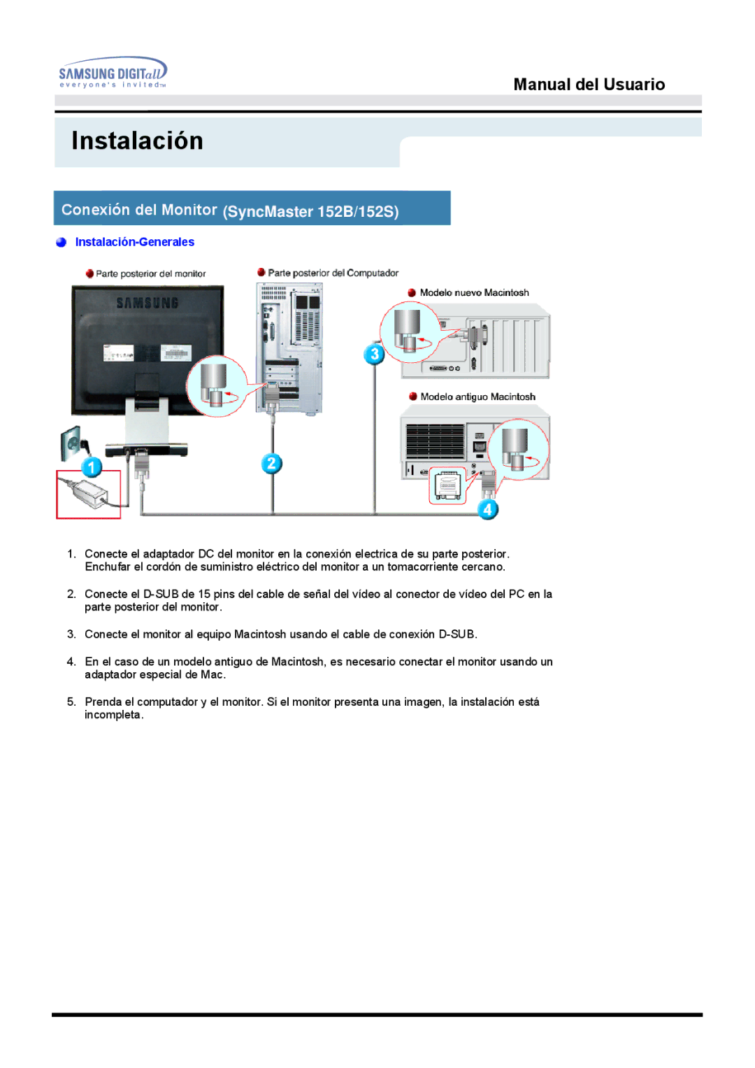 Samsung 152T manual Instalación, Conexión del Monitor SyncMaster 152B/152S 