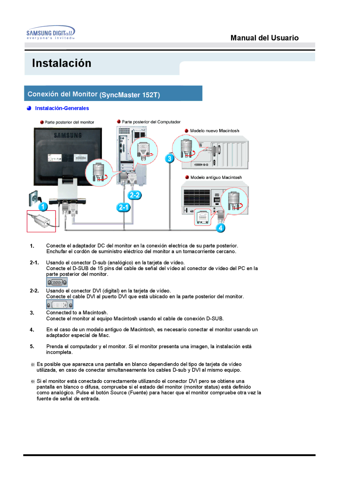 Samsung 152B, 152S manual Conexión del Monitor SyncMaster 152T 