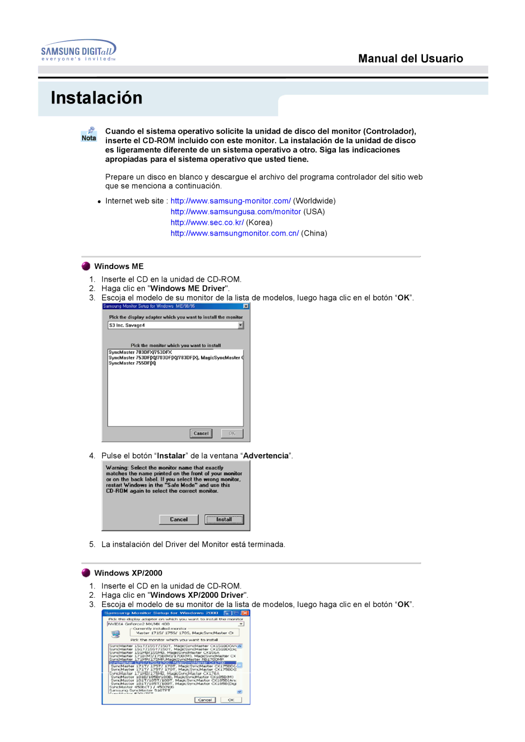 Samsung 152T, 152B, 152S manual Haga clic en Windows ME Driver, Haga clic en Windows XP/2000 Driver 