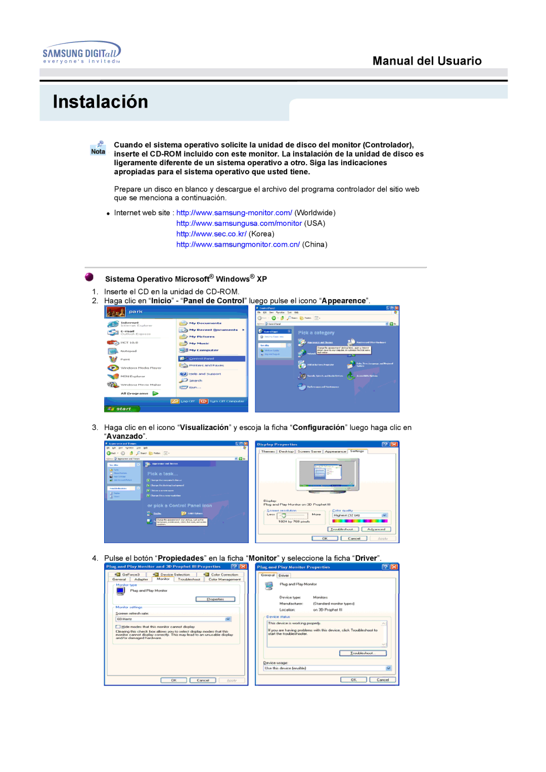 Samsung 152B, 152T, 152S manual Sistema Operativo Microsoft Windows XP 