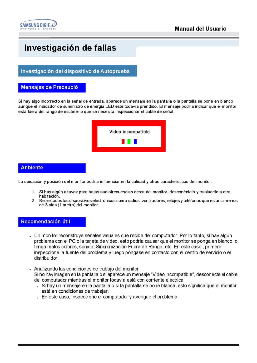 Samsung 152T, 152B, 152S manual Anbiente, Recomendación útil 